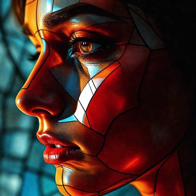 The primary subject of the image is a woman with a unique and artistic appearance. She has a face painted with a combination of red and blue colors, giving her a striking and visually appealing look. The setting is a room with a glass wall, which adds an interesting visual element to the scene. The visual style of the image is a mix of photo and digital art, creating a striking and eye-catching portrait. The colors and mood of the image are vibrant and energetic, with the red and blue h